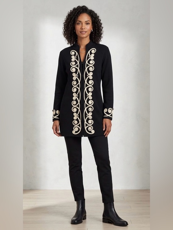 Lauren Michelle Sweaters - Lauren Michelle Vintage Black Cardigan Duster with cream Scroll Embroidery M